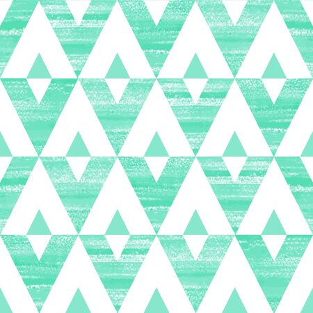 Painted triangles seamless vector pattern. Acrylic, watercolor hand drawn mint green and white geometrical background.のイラスト素材