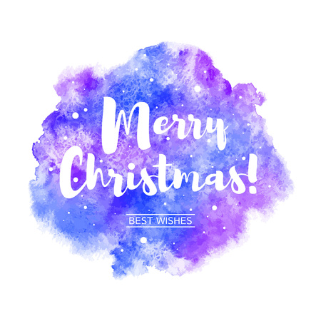 Merry Christmas vector greeting card. Typographic composition with snowflakes and congratulations. Colorful watercolor stains background. Painted aquarelle blue and violet template, rounded shape.のイラスト素材