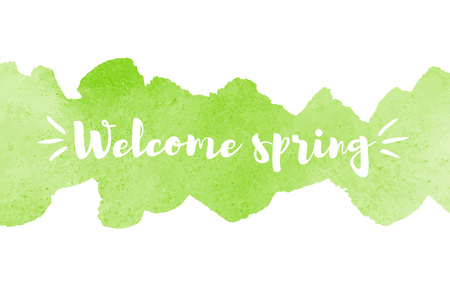 Welcome Spring watercolor illustration. Typographic composition, brush stroke elongated shape. Easter, Eco background or border. Watercolor green texture, uneven edges. Template for cards, banners.のイラスト素材