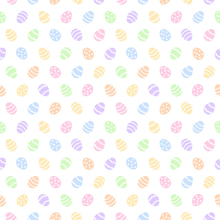 Simple colorful Easter seamless vector pattern. Various painted stylized tiny eggs regular texture. Flat design Easter, spring background. Multi-color template for cards, greetings. Soft pastel colors.のイラスト素材