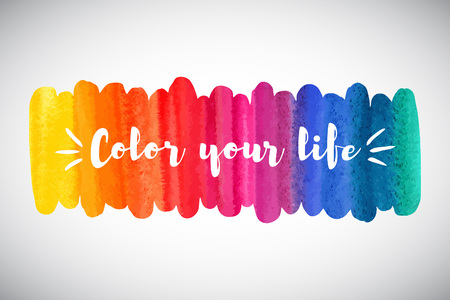 Watercolor rainbow brush stroke. Inspiration, motivation, optimistic, encouraging quote. Color your life lettering. Colorful watercolor background. Aquarelle border, frame, banner elongated template.のイラスト素材