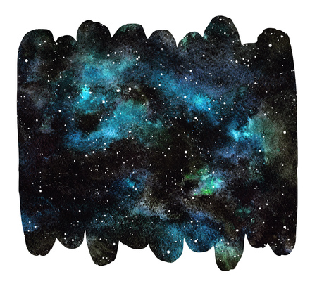 Watercolor galaxy, universe, space, night sky with stars cosmic background. Hand drawn cosmos illustration. Watercolor brush stroke shape with uneven, rounded edges. Black, emerald stains texture.の写真素材