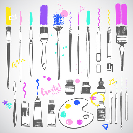 Hand drawn art tools, objects, artist equipment illustrations set. Fan, flat, round, watercolor brushes with strokes and splash, doodle. Paint bottle, jar, oil or acrylic tube, pencil, pen, palette.のイラスト素材