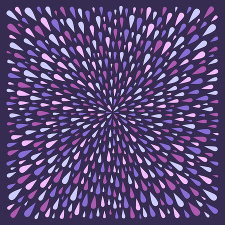 Square shape, magic pattern made of uneven violet drops, droplets, raindrops, tears of various size. Radial template for borders, frames, design element. Lilac, lavender abstract background.のイラスト素材