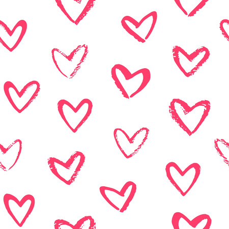 Brush drawn doodle style heart shapes, outlines seamless repeat vector pattern. Valentines day artistic painted background. Various, different, hand drawn hearts with rough, textured, uneven edge.のイラスト素材
