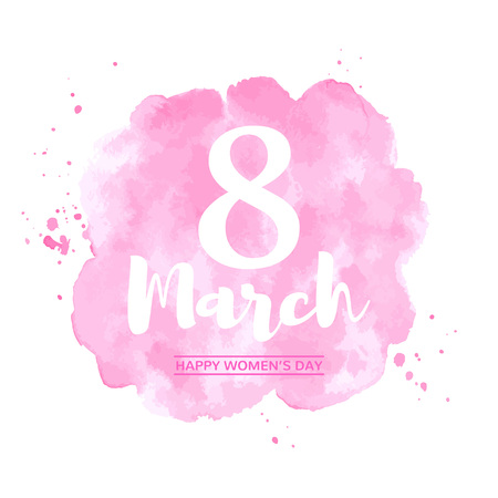 March 8, International Womens Day watercolor vector greeting card. Typographic composition with big eight and lettering. Pink watercolor stains rounded background, uneven circle shape.のイラスト素材