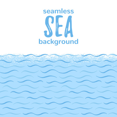 Sea, river waves, stylized water seamless horizontal border, frame. Marine, naval, nature, eco background for text, lettering. Wavy hand drawn doodle style lines, stripes, streaks pattern, texture.のイラスト素材