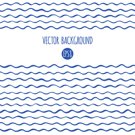 Wavy sailor stripes, streaks, pinstripes, bars or waves template. Seamless in horizontal direction border or frame. Marine, maritime, naval striped abstract hand drawn background. Navy blue and white.のイラスト素材
