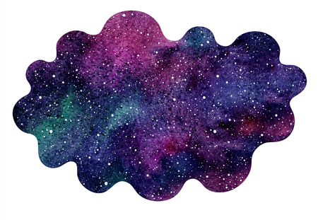 Colorful cosmic, cosmos, space watercolor background isolated on white. Watercolor galaxy, universe, night sky with stars. Uneven shape with curved wavy deformed edge. Aquarelle stains texture.の写真素材