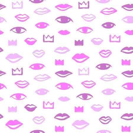 Brush hand drawn woman lips, crowns, eyes seamless vector pattern. Fuchsia pink, lavender, purple fashion, beauty background. Stylized cute doodle trendy shapes texture. Ink illustration, rough edges.のイラスト素材