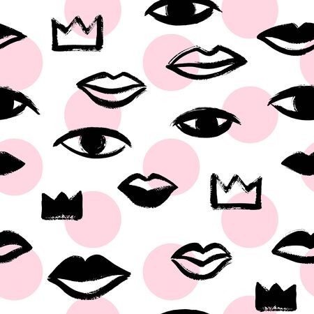 Brush hand drawn woman lips, crowns, eyes seamless vector pattern. Black and blush pink circles, beauty background. Stylized different trendy shapes texture. Ink illustration, rough edges.のイラスト素材