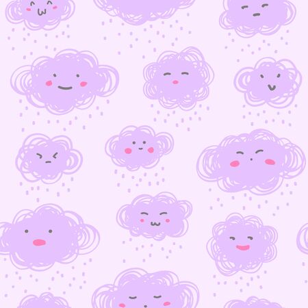 Hand drawn doodle clouds with cartoon faces seamless vector pattern. Lilac, violet, lavender pastel color. Textured fluffy shapes with rain, snow child background. Emoticons with facial expressions.のイラスト素材