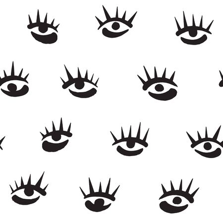 Brush hand drawn stylized eyes with eyelashes seamless vector pattern. Doodle style uneven edges. Surreal or fashion, beauty, makeup, cosmetics background. Black ink illustration, design elements.のイラスト素材
