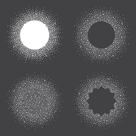 Set of round winter snow frames with empty space for text. Circle, ring shapes made of spots, dots, tiny beads, blots, snowflakes. New Year, Christmas dotty abstract backgrounds, border templates.のイラスト素材