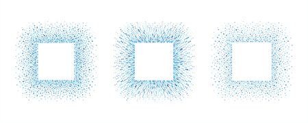 Set, collection of square dot frames with empty space for text. Rectangle frame made of dots, beads, hand drawn spots, splashes, flecks, specks, water blobs, drops. Blue dotty abstract backgroundsのイラスト素材