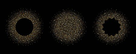Golden dot frames set, collection. Glittering tiny spangles, uneven dots, blobs, hand drawn splash, gold spray, sparks, beads square frame with space for text. Rectangle, polygon shape background.のイラスト素材