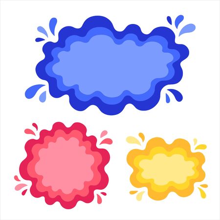 Liquid fluid flowing rounded shapes, text frames with uneven wavy edge. Water, paint puddle, stains, blot forms with splashes, colorful drops, blobs. Design elements, banner, poster backgrounds.のイラスト素材