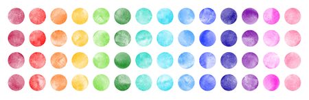 Watercolor circle shape stains, smears collection. Bright rainbow colors brush drawn dot pattern. Colorful watercolor round paint spots set, big dots illustration, design elements. Text background.の写真素材