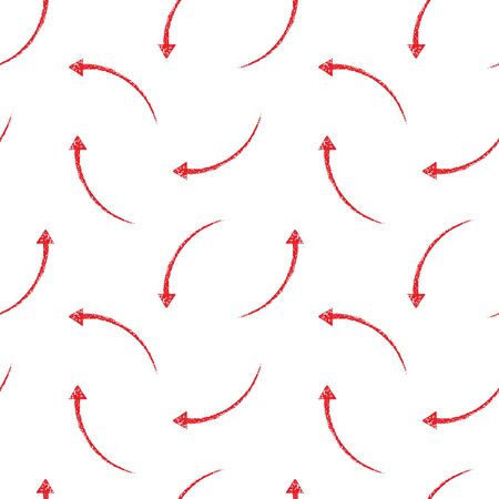 Red chalk, pastel, pencil textured arrows, pointers seamless repeat vector regular pattern. Hand drawn various rough curved, arched artistic arrow shapes background. Painted doodle style texture.のイラスト素材