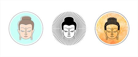 Buddha face, portrait, head vector line, outline illustration. Circle shape frame. Linear flat drawings set. Buddhist, indian, esoteric round design element, template for cards, logo, labels, tattoo.のイラスト素材