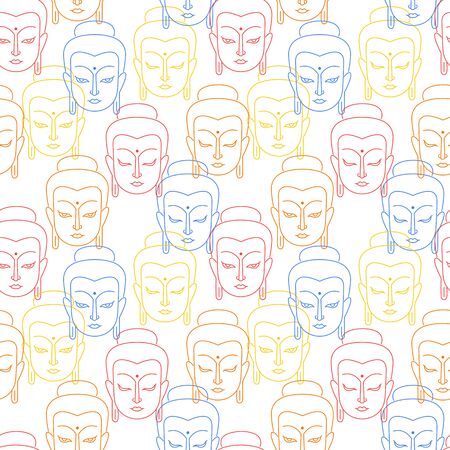 Buddha face, portrait, head seamless repeat vector pattern. Buddhist flag colors. Linear flat drawing, line, outline illustration. Buddhist, indian, esoteric, yoga background, oriental template.のイラスト素材