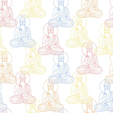 Sitting Buddha figure seamless repeat vector pattern. Buddhist flag colors. Flat line simple drawing, linear modern outline sketch. Yoga, esoteric, spiritual background. Indian, oriental template.のイラスト素材