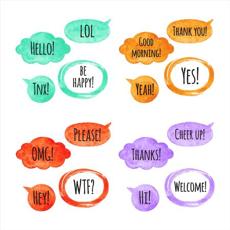 Set, collection of watercolor vector speech bubbles, text balloons, clouds and oval frames with Thank you, Hello lettering. Red, orange, mint green, violet watercolour shapes, design elements.のイラスト素材