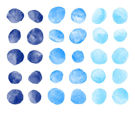 Sky, navy, dark blue watercolor round spots, dots design elements set. Watercolour water drops collection, uneven circle shape stains, smears, brush strokes. Hand drawn painted marine, sea background.の写真素材