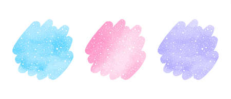Winter watercolor shapes, text frames set, collection. Round brush strokes, uneven circles with falling snow hand drawn texture. Blue, violet, pink watercolor stains. New Year graphic design element.のイラスト素材