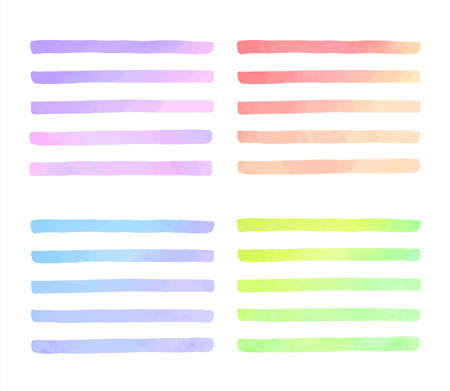 Colorful gradient watercolor vector stripes, long rectangle brush strokes, smears set. Painted graphic elements collection. Hand drawn watercolour streaks, lines, bars, ribbons. Text background.のイラスト素材