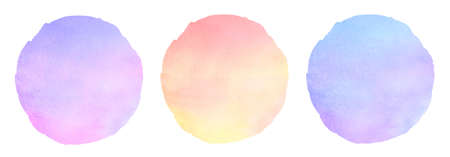 Gradient round watercolor backgrounds, text frames set. Circle shape isolated on white. Colorful light blue, lilac, pink watercolour stains texture with deckled edge. Hand drawn painted aquarelle fillの写真素材