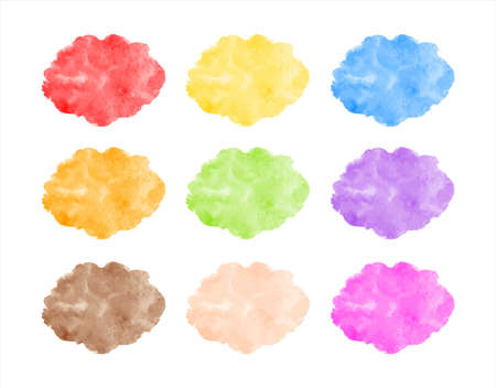 Set of colorful watercolor vector rounded spots, brush strokes, oval cloud shapes. Graphic design elements collection, watercolour stains text background, elliptical frames or banner templates.のイラスト素材