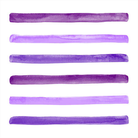 Purple, plum violet, lilac vector watercolor stripes, long brush strokes set. Hand drawn watercolour streaks, lines, bars pattern. Text background. Graphic design elements, painted border templates.のイラスト素材