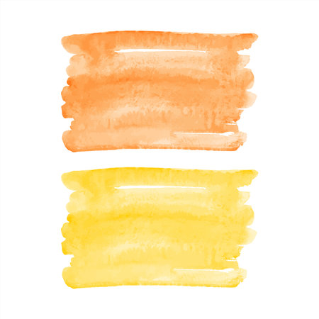 Orange, honey yellow watercolor vector brush strokes, smears set. Watercolour brushstroke shape with stains. Rectangle background, text frame, graphic design element. Painted hand drawn textureのイラスト素材