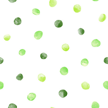 Green vector watercolor round spots, polka dots seamless repeat vector pattern. Watercolour drops, uneven circle shape blobs, smears, brush strokes decoration. Hand drawn eco painted background.のイラスト素材
