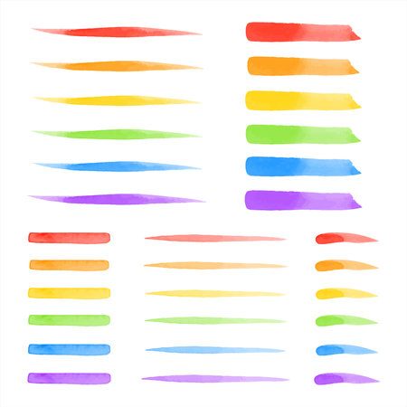 Set, collection of vector colorful watercolor brush strokes, lines, stripes. Rainbow, lgbt colors. Watercolour smears, fusiform smudges, rectangle brushstrokes. Hand drawn text background, decoration.のイラスト素材