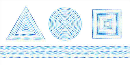 Set of geometric dot shapes, graphic design elements, frame or border templates. Dotted triangle, square, circle shapes. Text backgrounds, decorations made of blue dots, hand drawn round blobs, beads.のイラスト素材