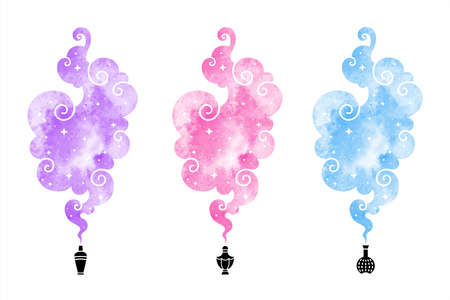 Watercolor vector steam clouds with swirls. Pink, blue, violet watercolour stains. Fragrance concept, perfume scent, aroma visualization. Magic smoke shape. Text background, graphic design elements.のイラスト素材