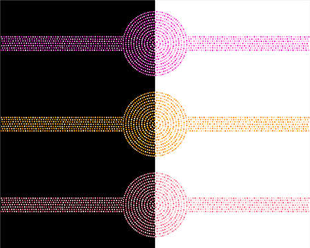 Round dot frames, label background templates set. Circle, stripe border shapes made of hand drawn uneven dots, colorful beads, blobs, spots. Dotty ornamental decorations. Graphic design elements.のイラスト素材