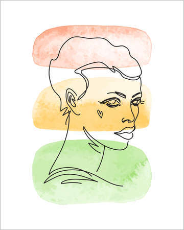 Black woman's face simple vector illustration, hand drawn line sketch. Afro female portrait editable outline drawing. Colorful watercolor brush strokes background. Modern minimalist style print designのイラスト素材