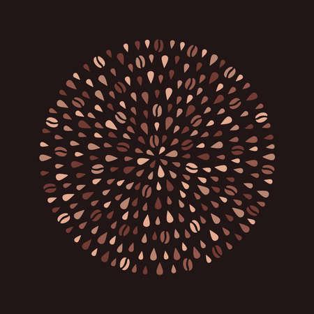 Circle, round shape made of drops, uneven brown, beige hand drawn droplets, coffee beans, tiny blobs. Radial coffeeshop, cafe background, pattern. Frame or border template, graphic design element.のイラスト素材