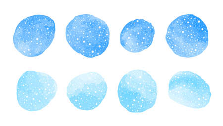 Round winter watercolor vector backgrounds with falling snow, dot snowflakes texture. Uneven circle shapes, spots, blue watercolour stains, rounded brush strokes. New Year hand drawn painted frames.のイラスト素材