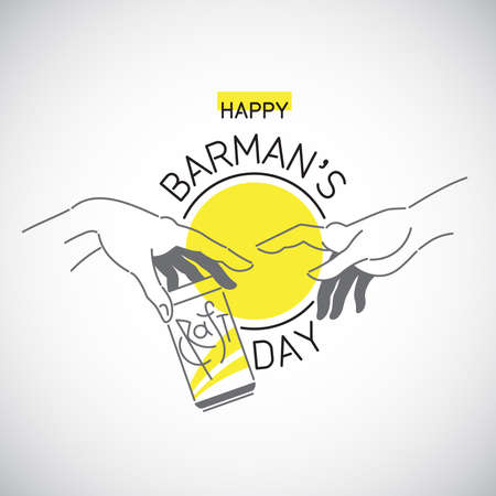 Happy Barman's day vector funny illustration, design concept. Two male hands like a creation of Adam with craft beer can and greeting. Simple linear, line drawing. International Bartender day card.のイラスト素材