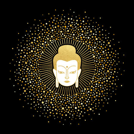 Golden foil buddha face, vector portrait, head illustration. Gold shining halo rays with hand drawn dots frame. Buddhist, indian, esoteric round design element, template for greeting cards, posters.のイラスト素材