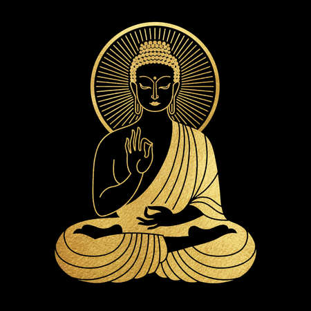 Golden robes sitting Buddha vector illustration. Hand in Vitarka Mudra gesture. Gold textured foil figure with golden halo. Indian, yoga, esoteric design element for cards, posters, celebrations.のイラスト素材