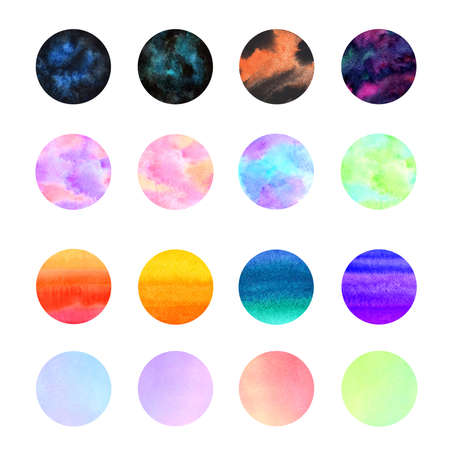Watercolor circles big set. Round colorful shapes collection. Various watercolour multicolor stains, hand drawn rounded spots. Painted big dots, graphic design elements. Text frames, backgrounds.の写真素材
