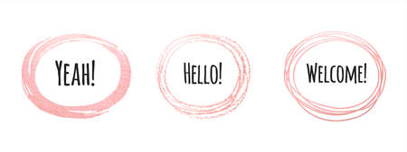 Golden pink foil vector round, rounded, oval frames set. Hand drawn artistic rose gold graphic design elements. Glittering uneven doodle style templates, brush, pencil, chalk drawn text background.のイラスト素材