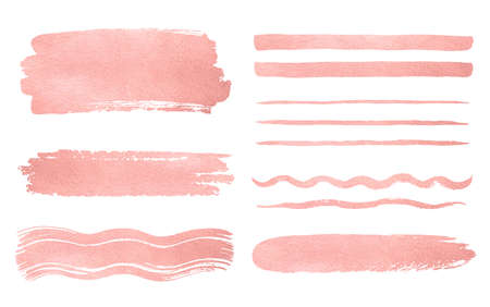 Pink golden foil artistic brush strokes, brushstroke shapes, smears, stripes, rough lines set. Hand drawn creative textured text backgrounds, rose gold painted graphic design elements. Frame templatesの写真素材