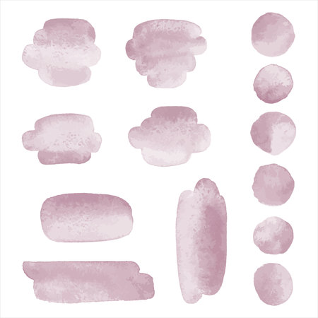 Mauve, pale purple watercolor brush strokes set. Cute circles, smudges, rounded smears, oval watercolour shapes, paint spots, round stains. Text backgrounds, graphic design elements collectionのイラスト素材