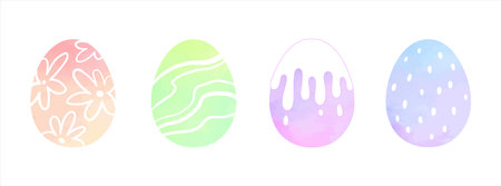 Painted watercolor Easter eggs set, vector illustrations collection. Colorful pink, yellow, blue watercolor stains egg shape backgrounds. Greeting card hand drawn templates. Doodle style cute patternsのイラスト素材